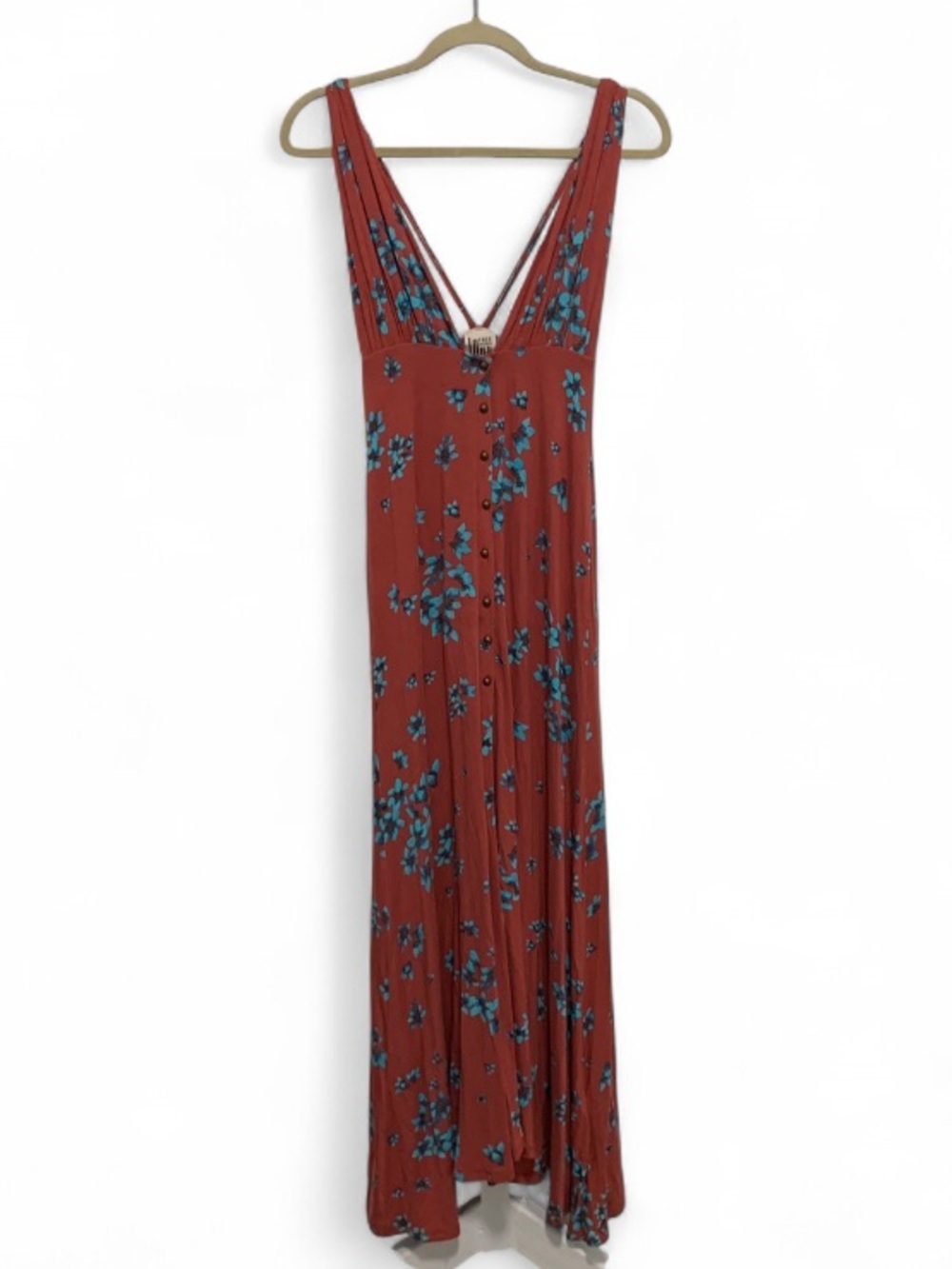 Free People Orange Blue Floral V-Neck Maxi Dress